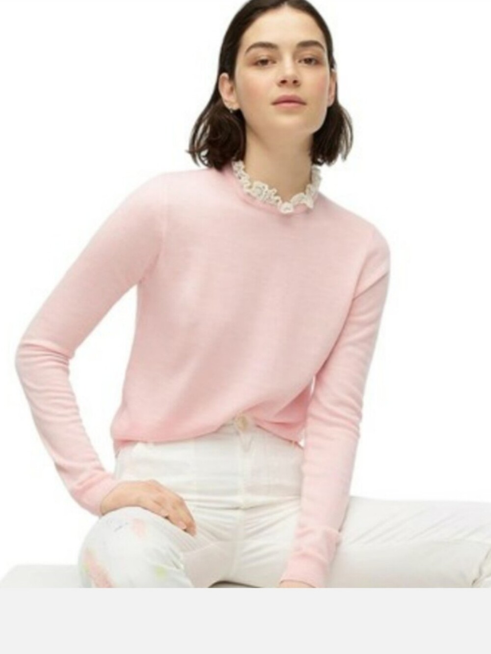 J. Crew Tippi Merino Wool Coquette Crochet Lace Neck Pink Sweater Sz M